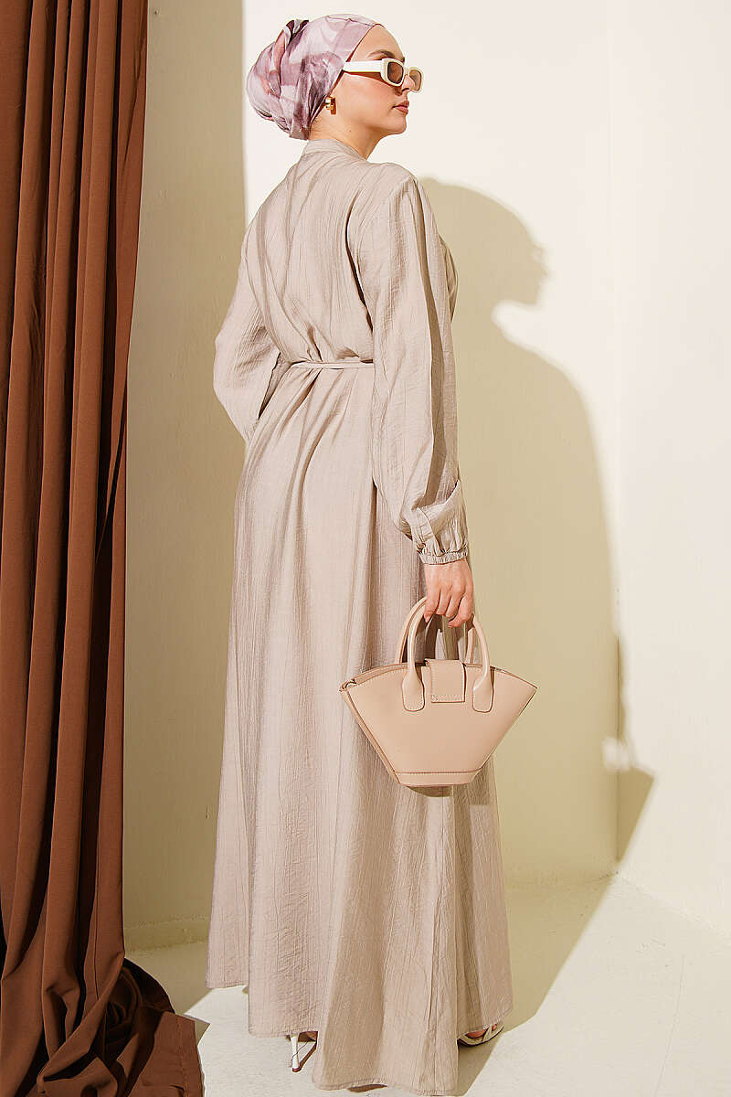 Ribbed-Front Dress with Rivet Buttons - Stone
