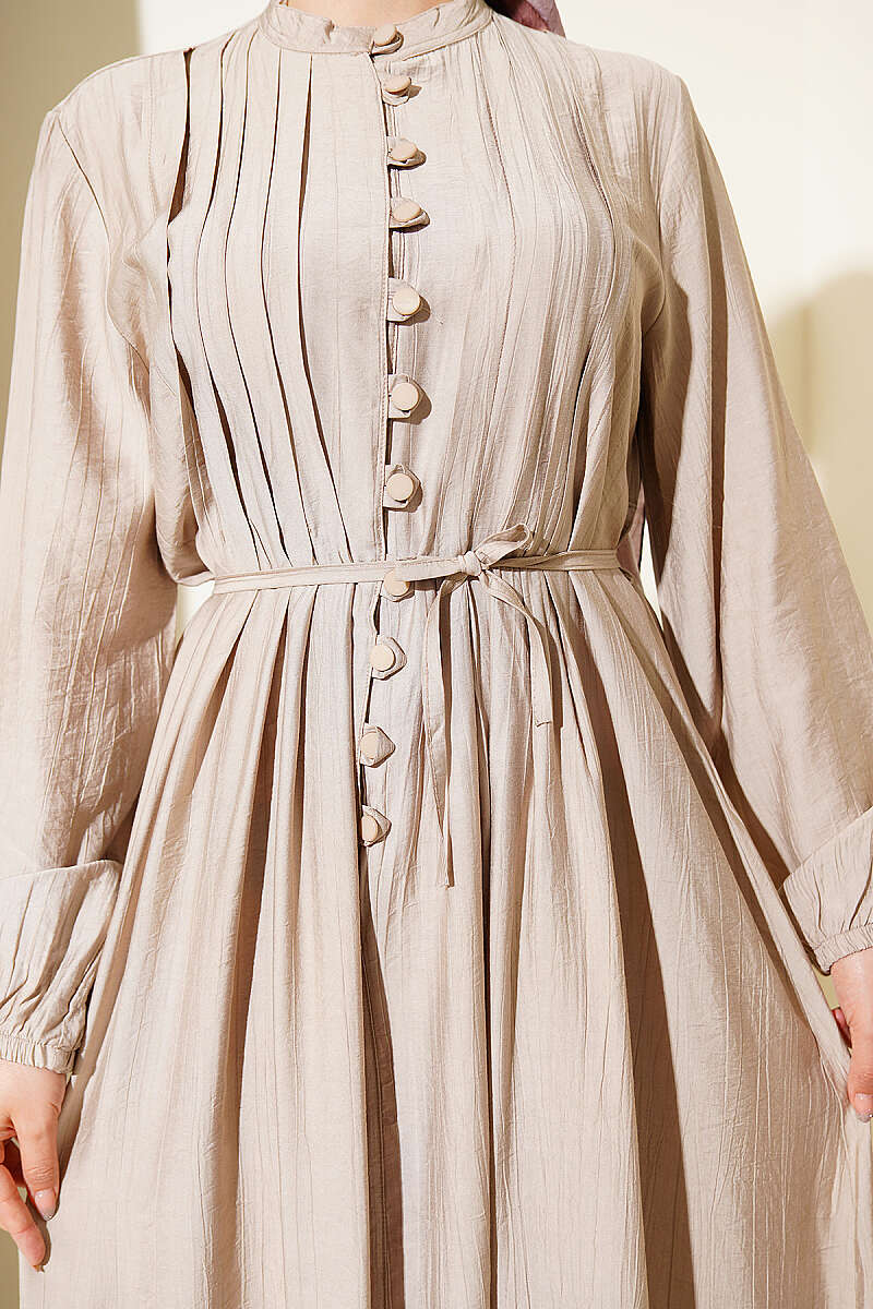 Ribbed-Front Dress with Rivet Buttons - Stone
