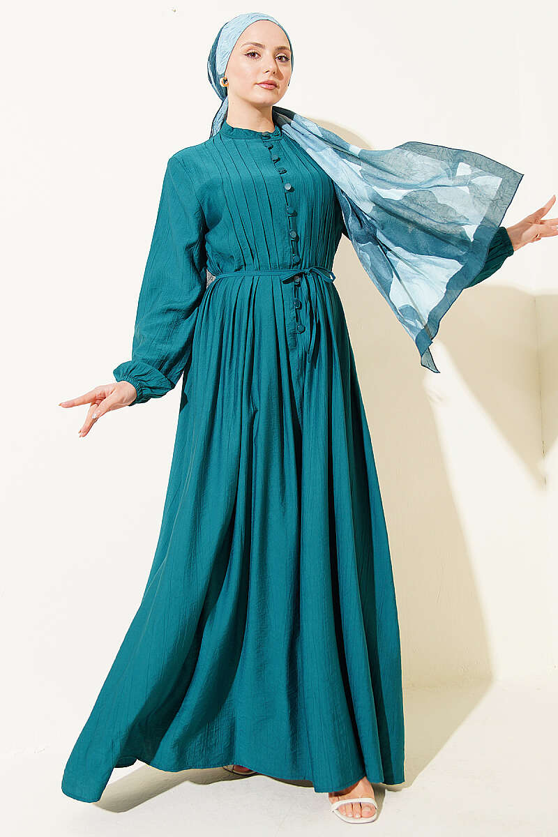 Ribbed-Front Dress with Rivet Buttons - Emerald