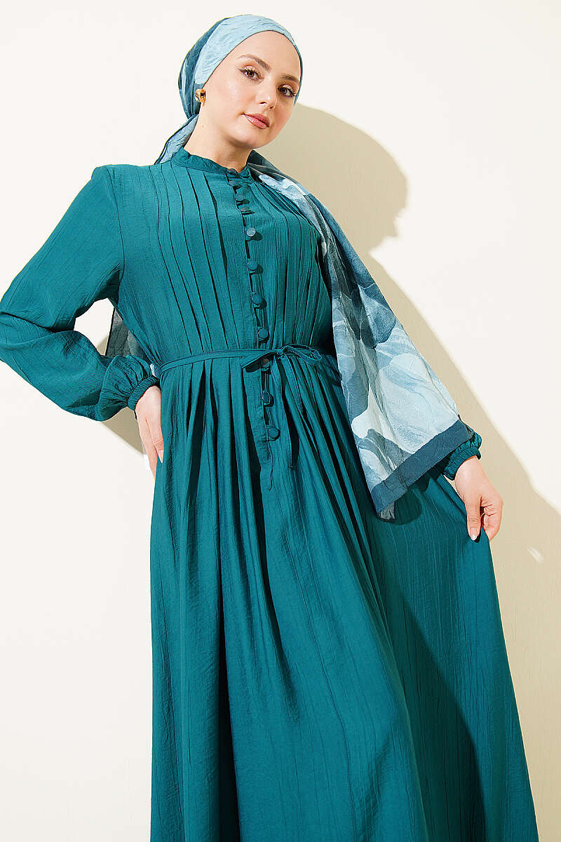 Ribbed-Front Dress with Rivet Buttons - Emerald