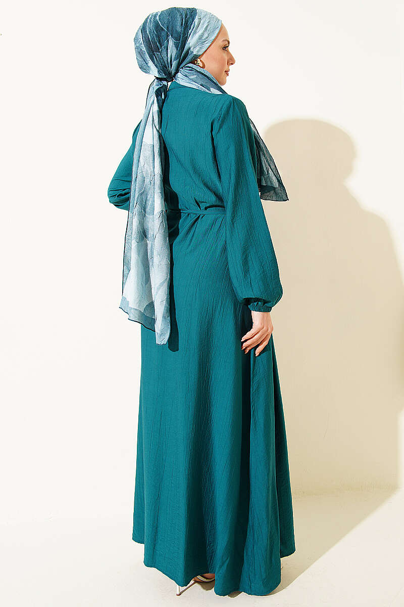Ribbed-Front Dress with Rivet Buttons - Emerald