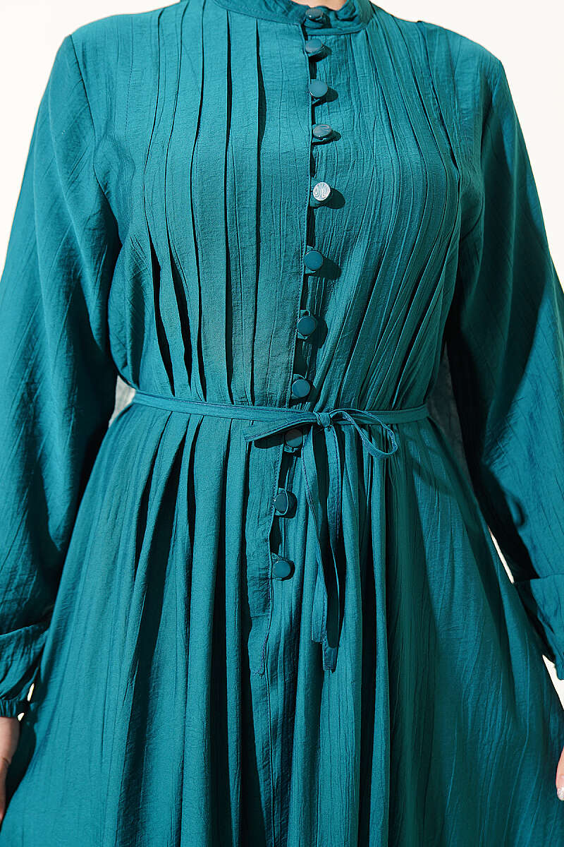 Ribbed-Front Dress with Rivet Buttons - Emerald