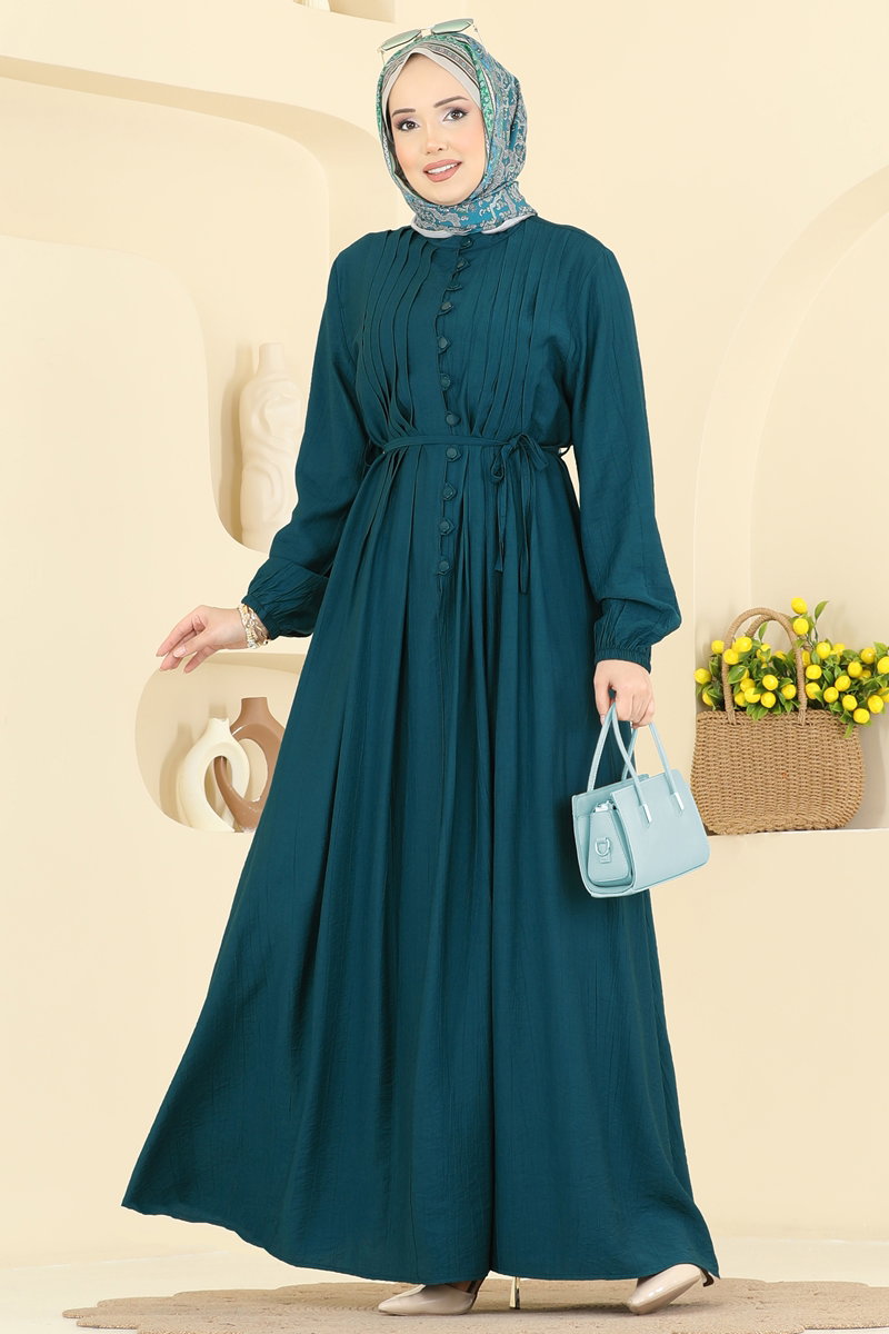 Woven Dress with Pintuck Front - Dark Teal