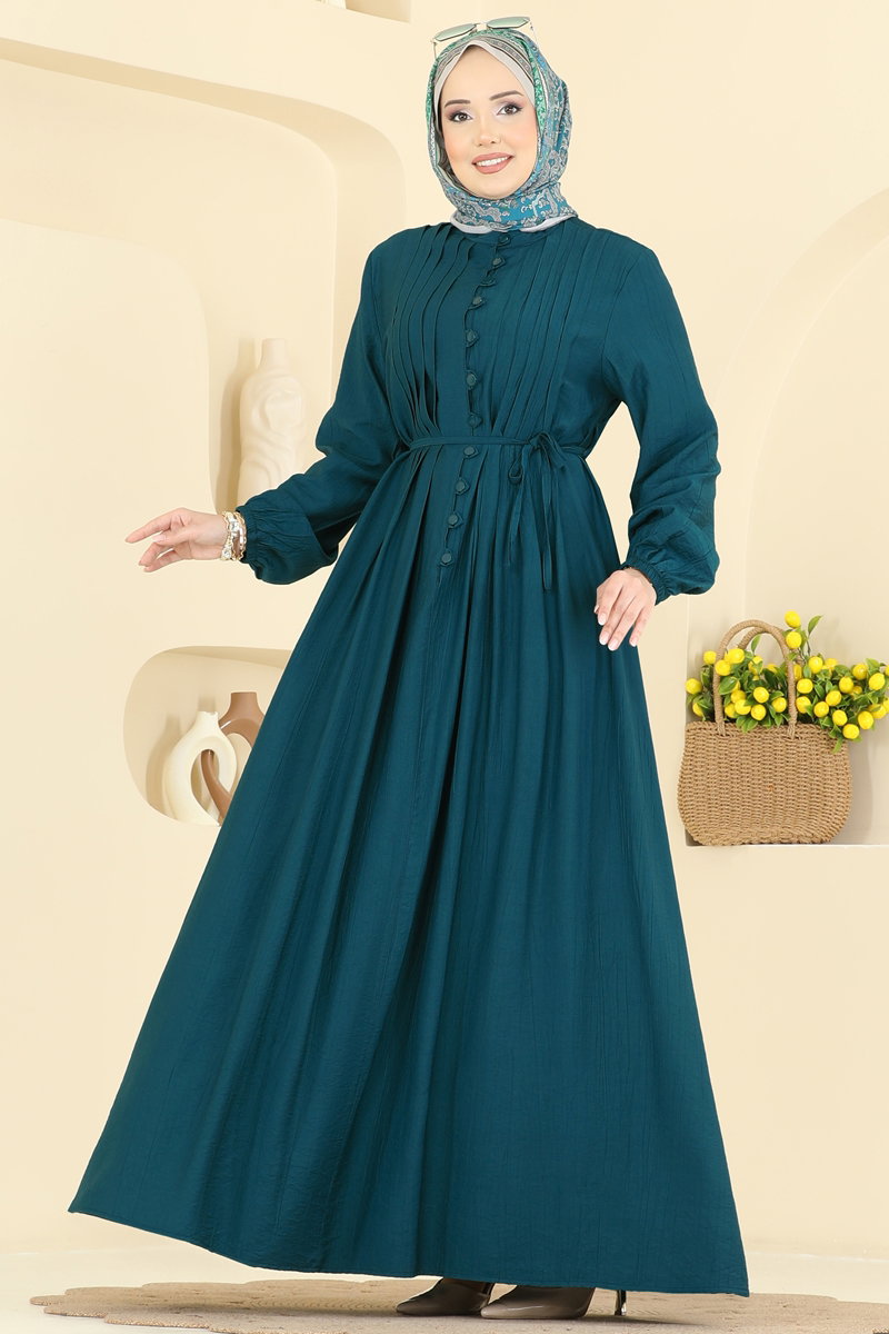 Woven Dress with Pintuck Front - Dark Teal