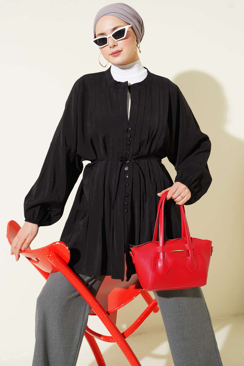 Loose Tencel Shirt with Ribbed Front - Black