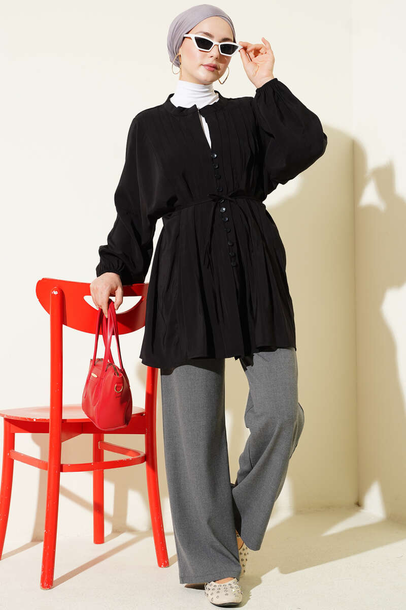 Loose Tencel Shirt with Ribbed Front - Black