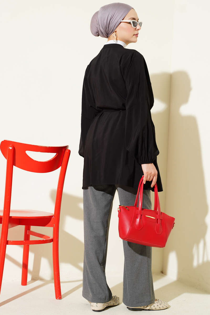 Loose Tencel Shirt with Ribbed Front - Black