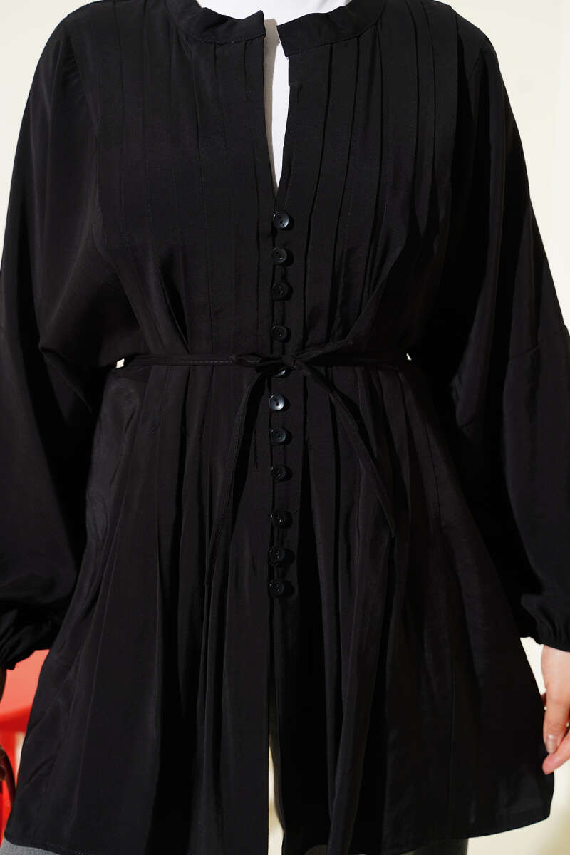 Loose Tencel Shirt with Ribbed Front - Black