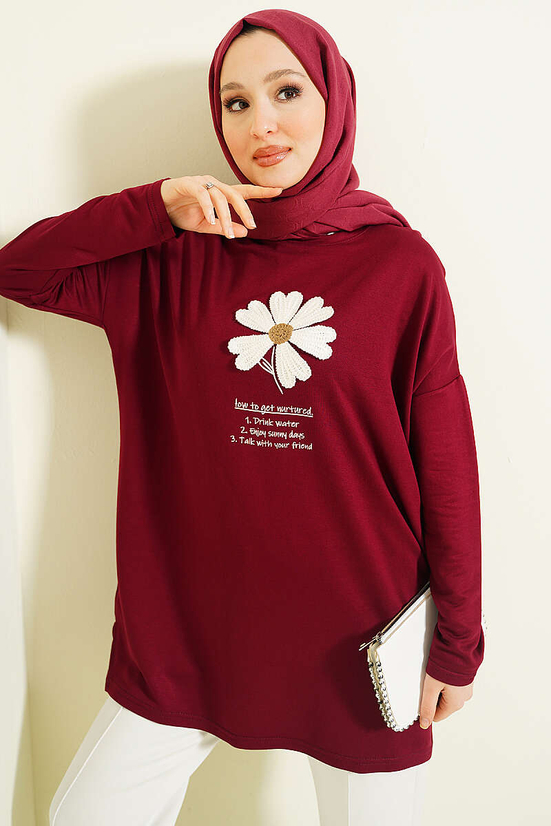 Tunic with Daisy Emblem - Burgundy