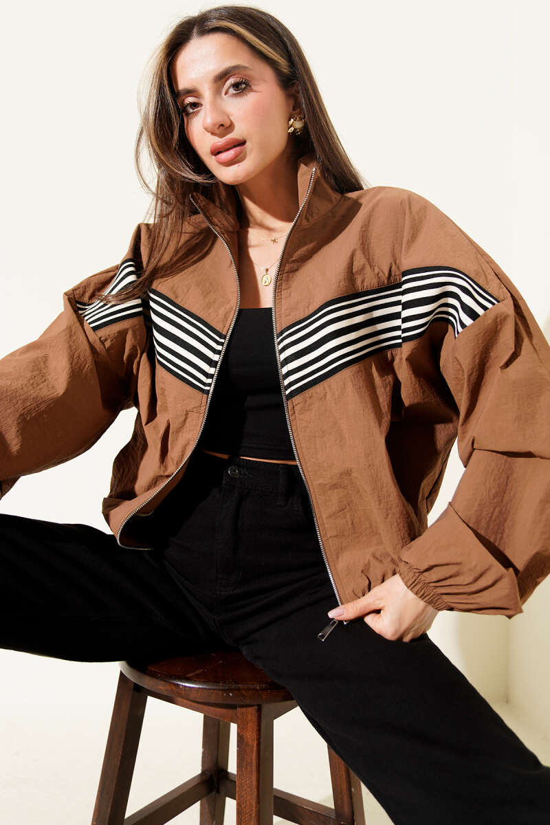 Jacket with Striped Front Panel - Brown