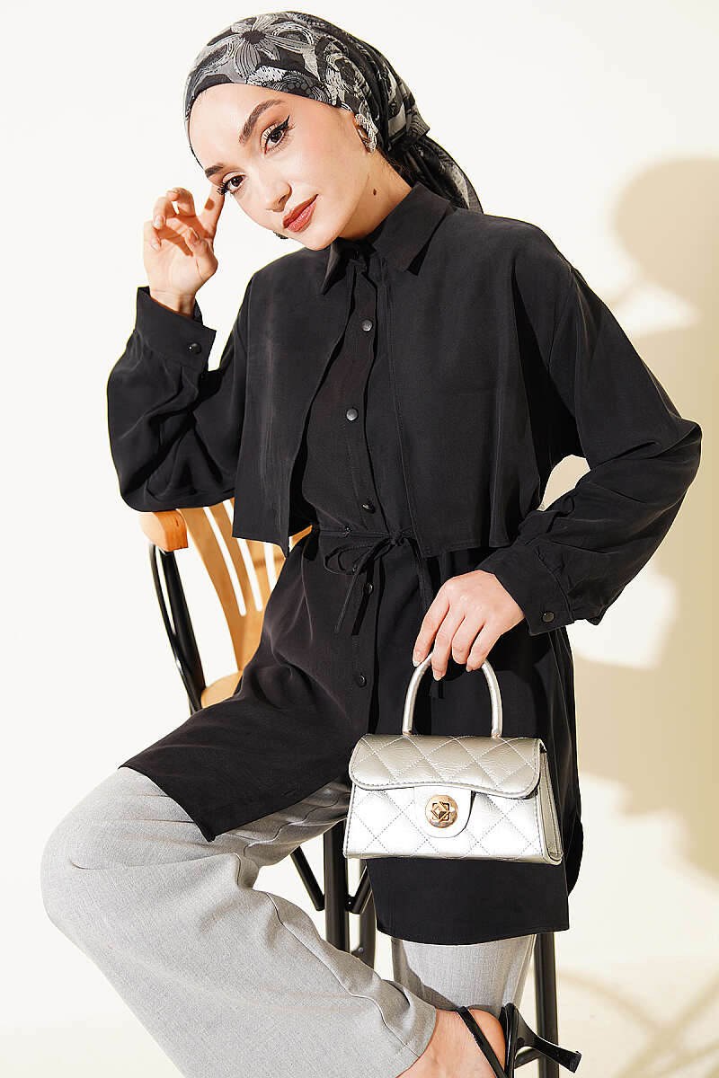 Tencel Shirt with Front Cape and Tie Belt - Black