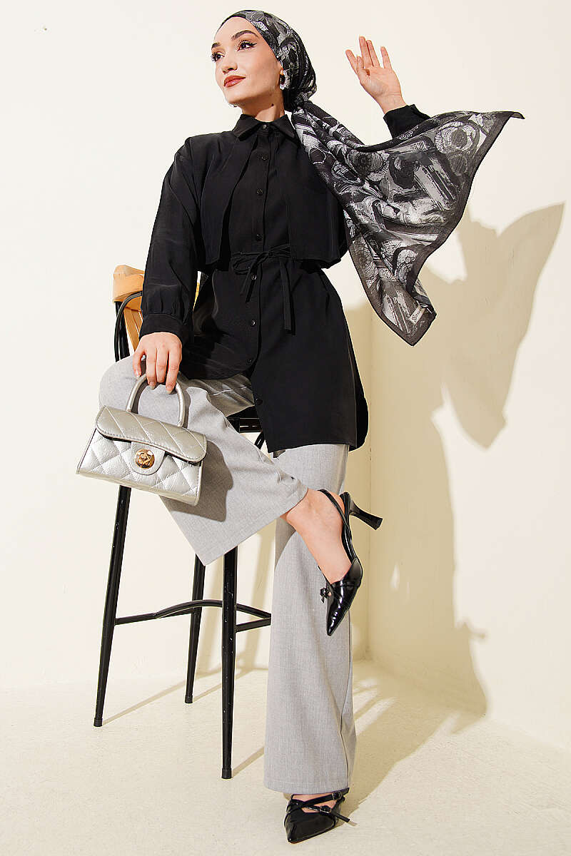 Tencel Shirt with Front Cape and Tie Belt - Black