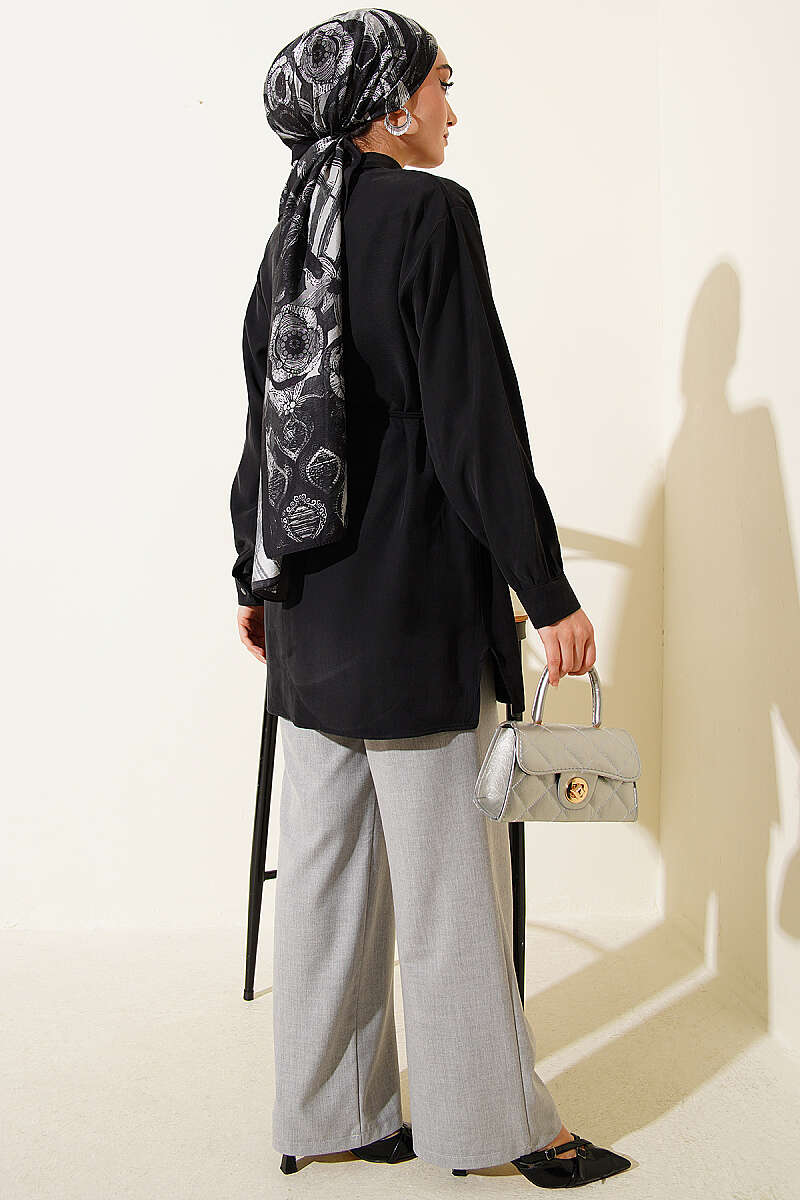 Tencel Shirt with Front Cape and Tie Belt - Black
