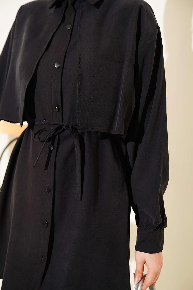Tencel Shirt with Front Cape and Tie Belt - Black