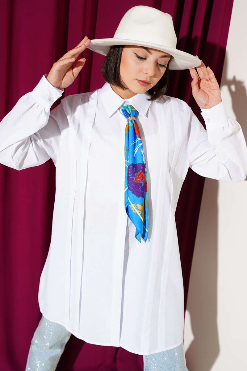 Tunic with Front Darts and Tie Belt - White