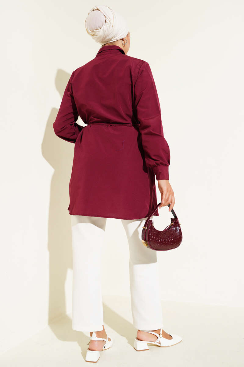 Tunic with Front Darts and Tie Belt - Burgundy
