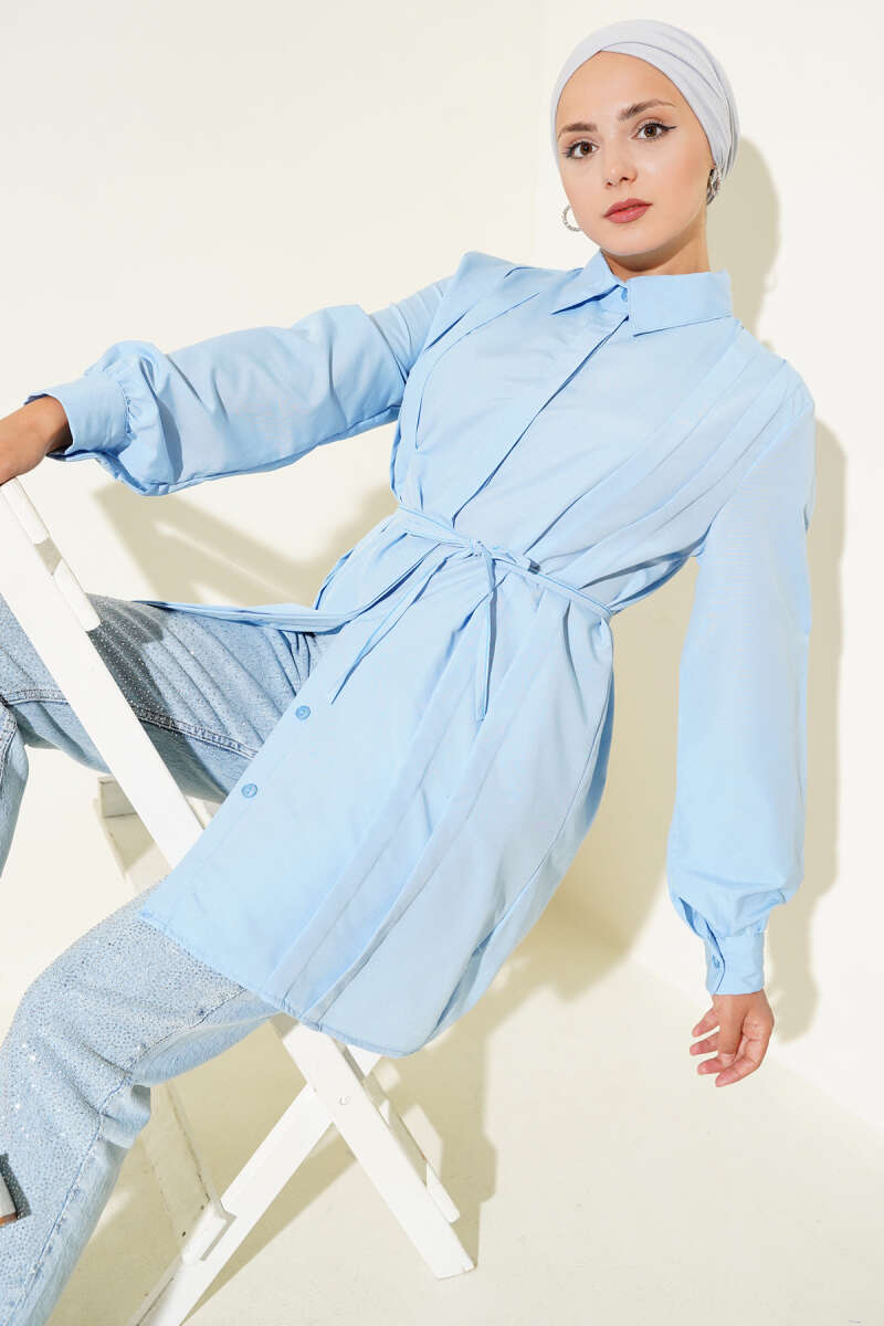 Tunic with Front Darts and Tie Belt - Ice Blue