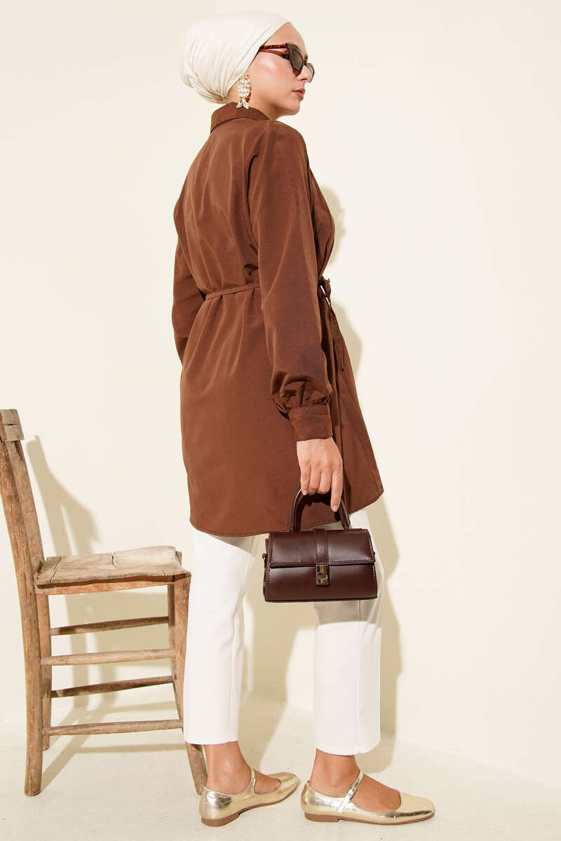 Tunic with Front Darts and Tie Belt - Brown