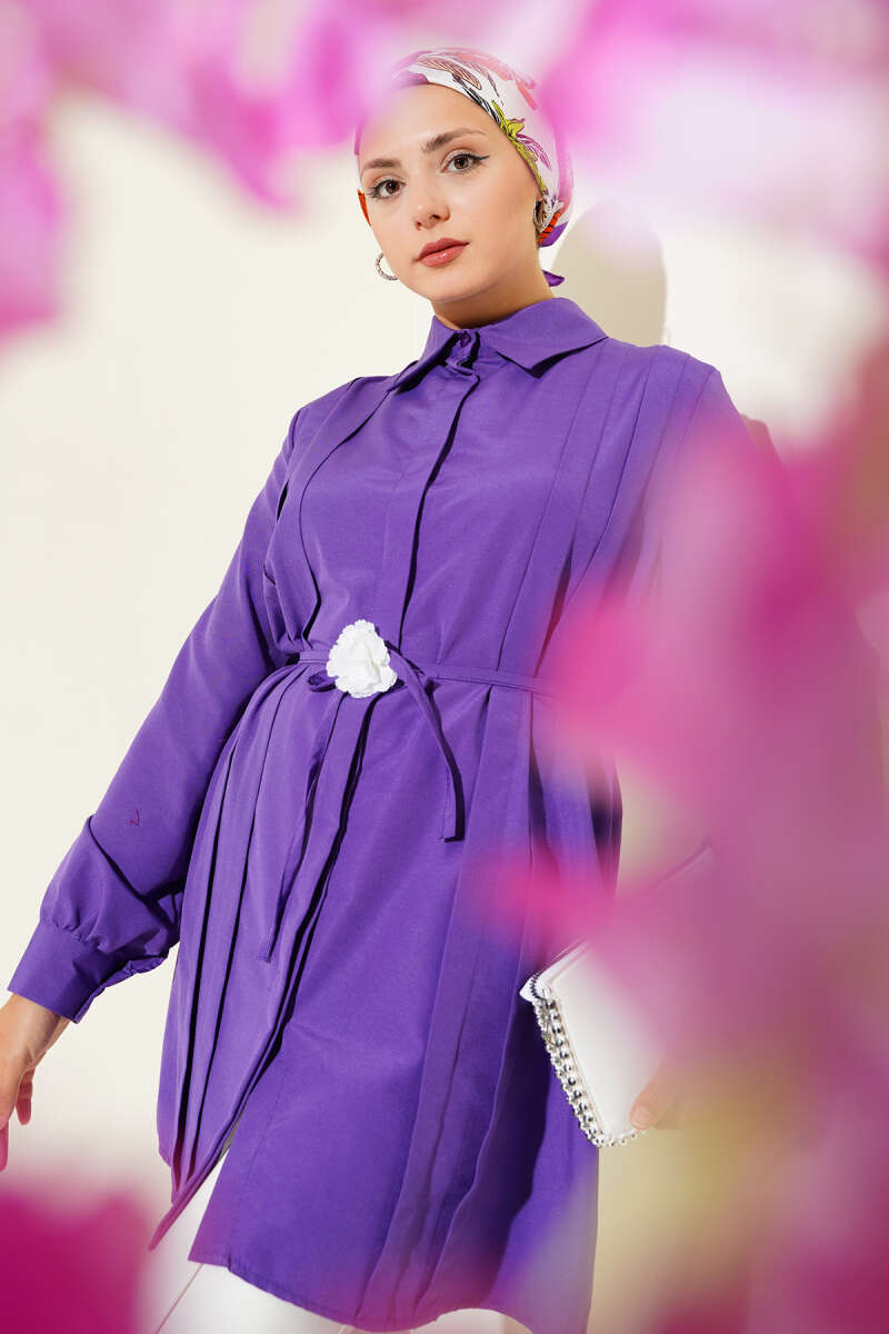 Tunic with Front Darts and Tie Belt - Purple