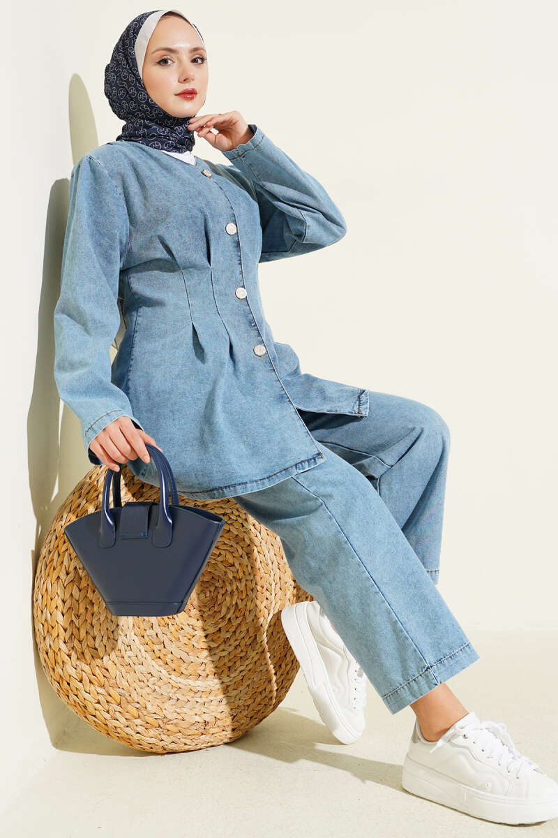 Denim Two-Piece Set with Front Darts - Light Blue