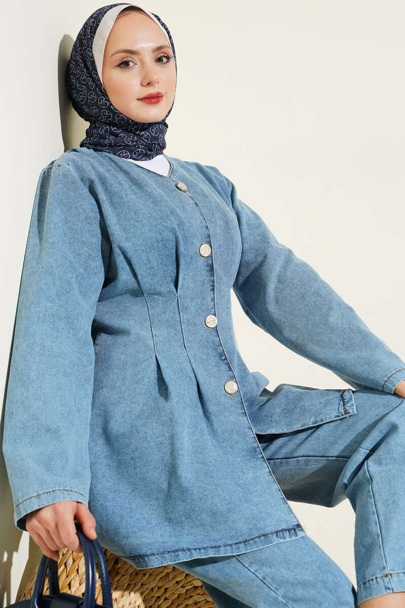 Denim Two-Piece Set with Front Darts - Light Blue
