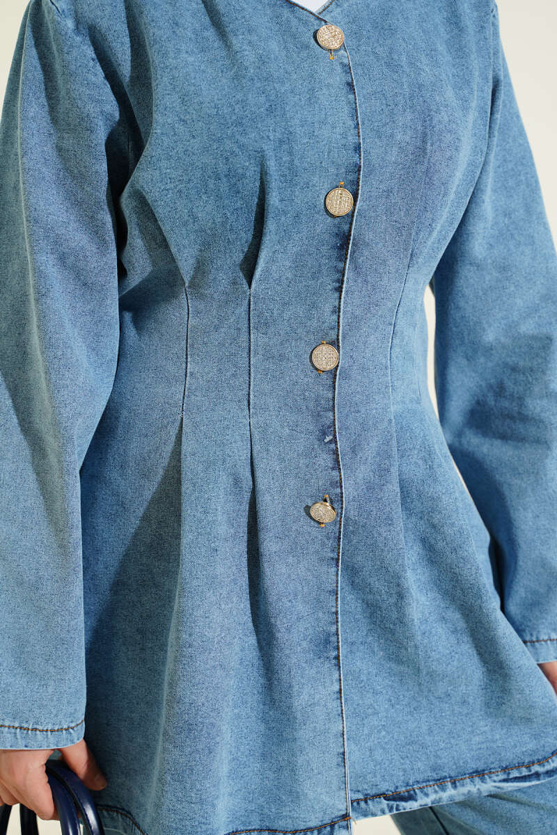 Denim Two-Piece Set with Front Darts - Light Blue
