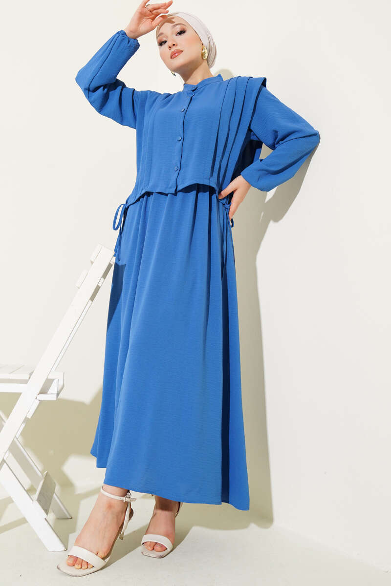Pleated-Front Dress with Bolero - Indigo