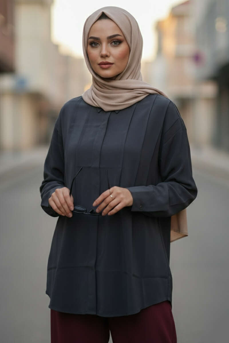 Tencel Shirt with Front Pleats - Navy