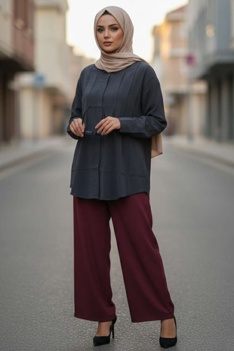 Tencel Shirt with Front Pleats - Navy