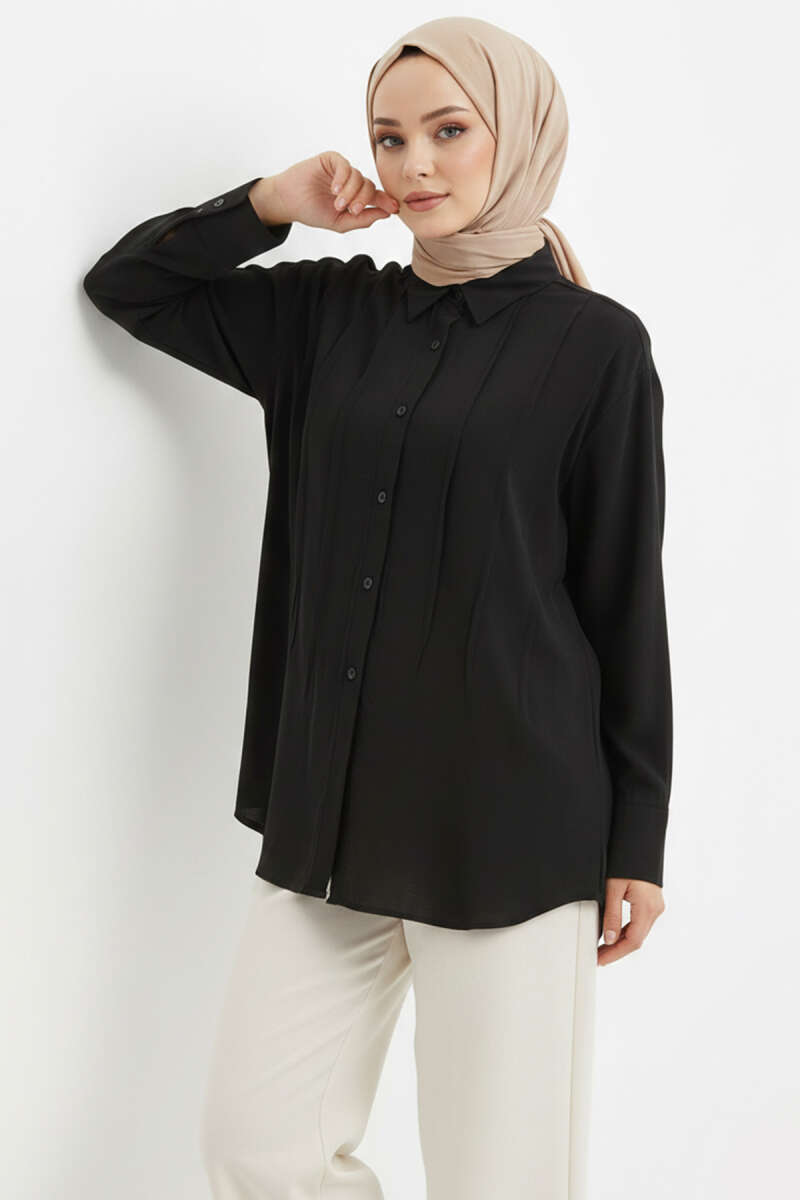 Tencel Shirt with Front Pleats - Black