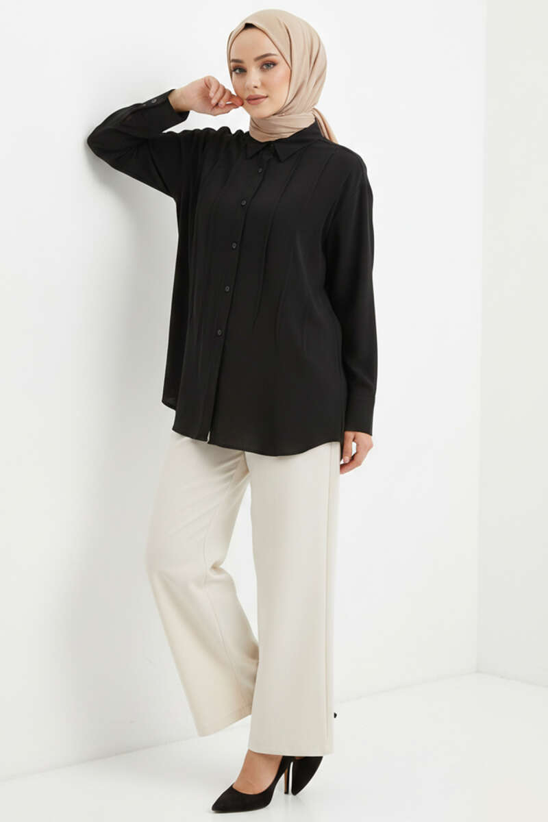 Tencel Shirt with Front Pleats - Black