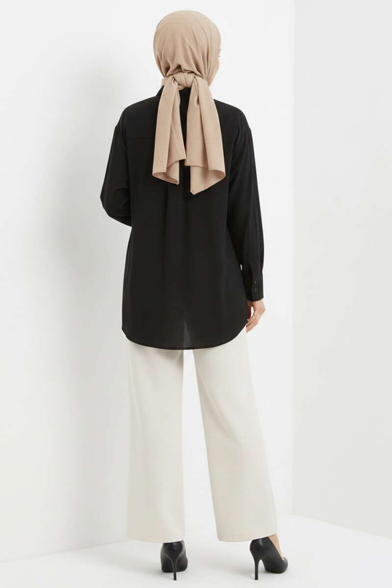Tencel Shirt with Front Pleats - Black