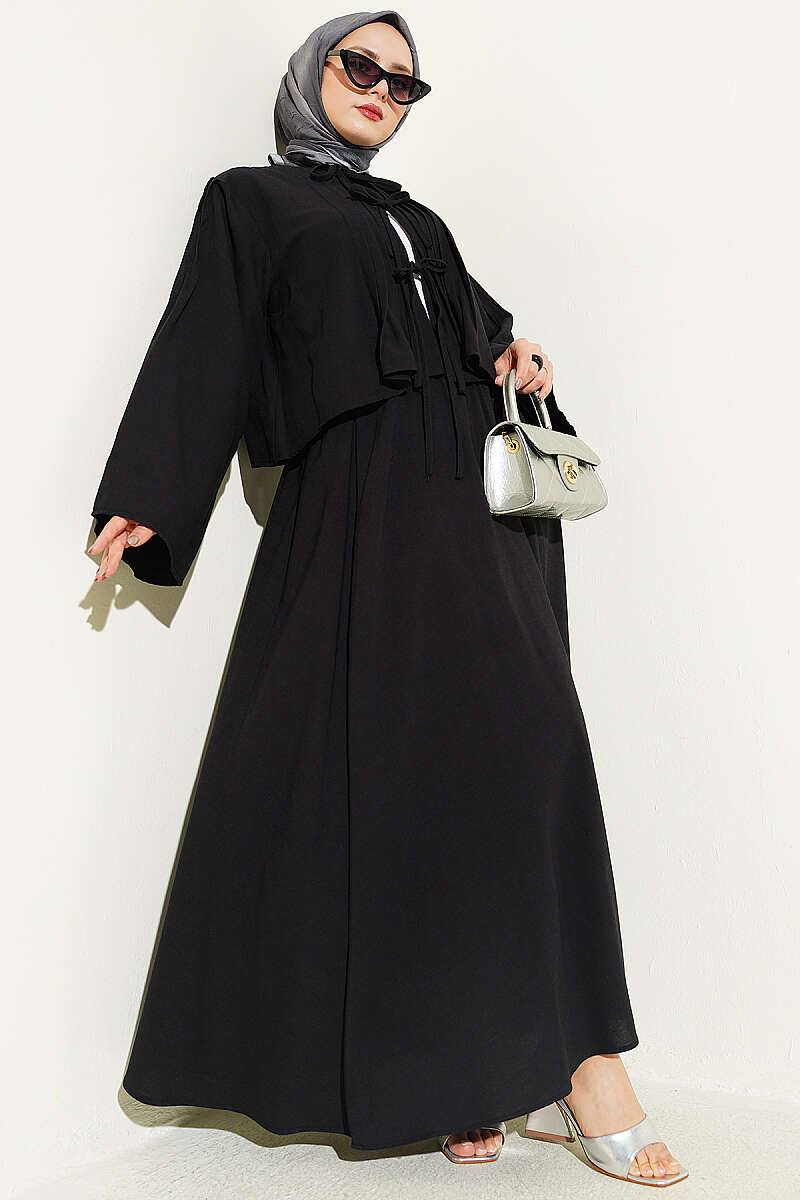 Pleated-Front Skirt Set with Ties - Black