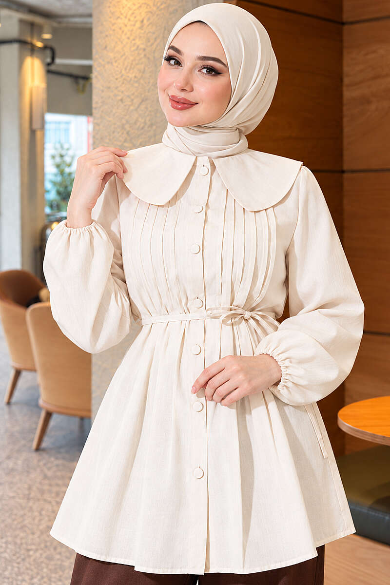 Pleated-Front Sailor-Collar Shirt - Beige