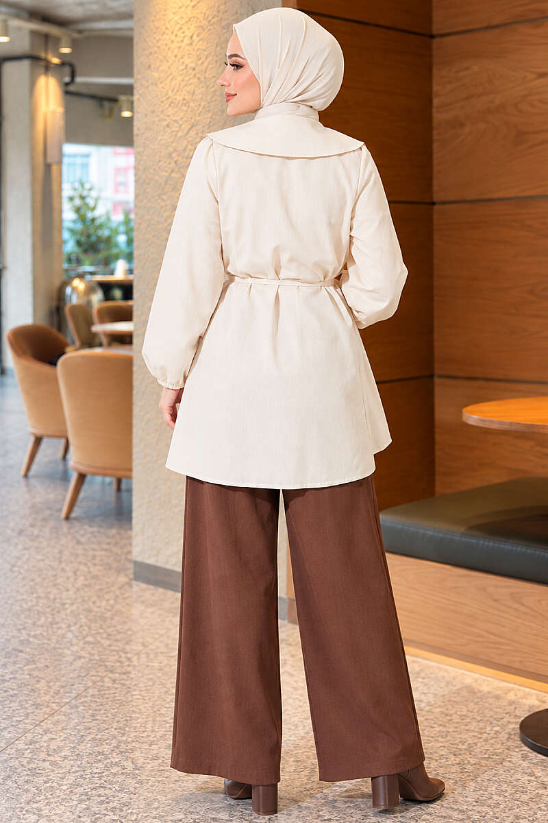 Pleated-Front Sailor-Collar Shirt - Beige