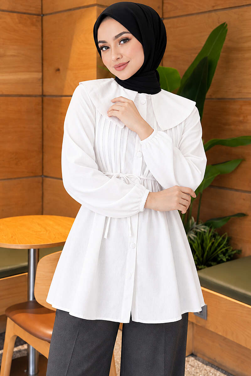 Pleated-Front Sailor-Collar Shirt - White