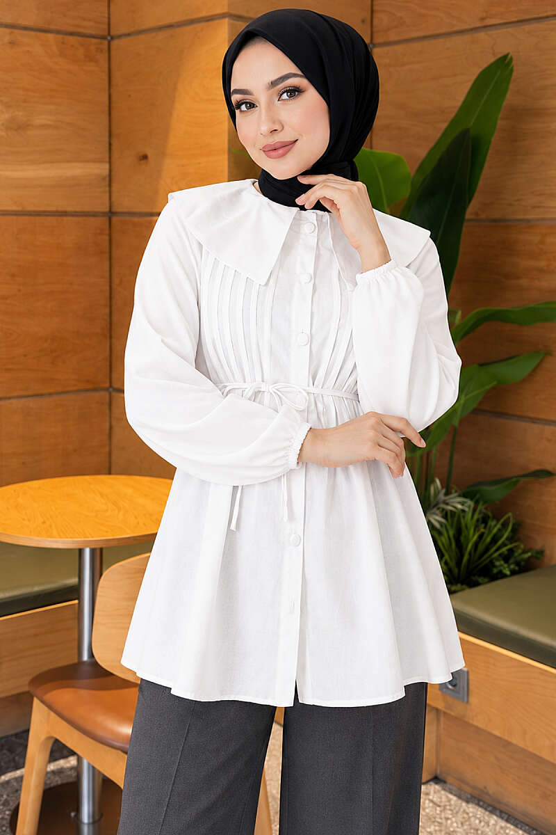 Pleated-Front Sailor-Collar Shirt - White