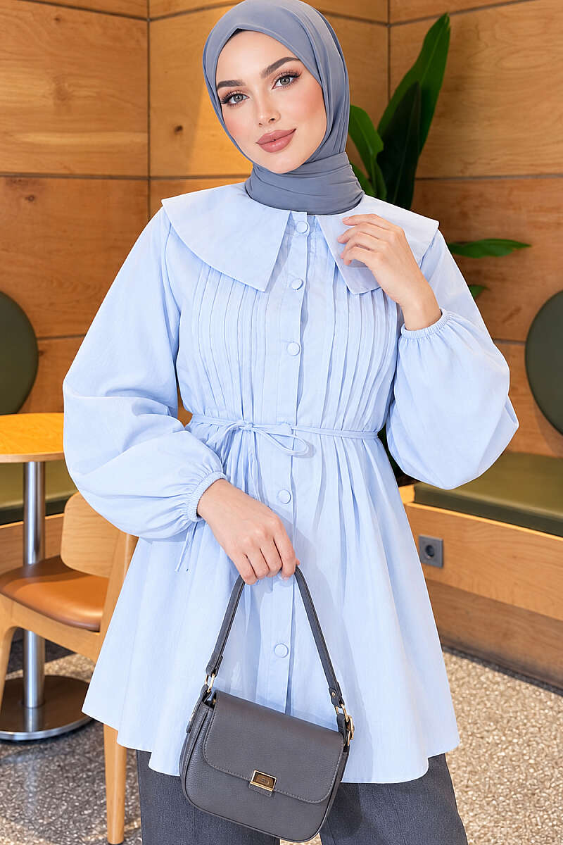 Pleated-Front Sailor-Collar Shirt - Blue