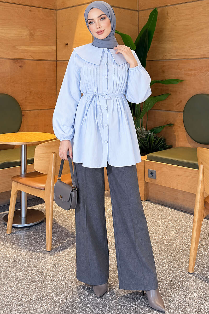 Pleated-Front Sailor-Collar Shirt - Blue