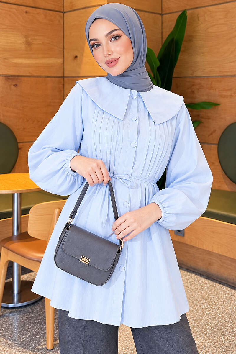 Pleated-Front Sailor-Collar Shirt - Blue