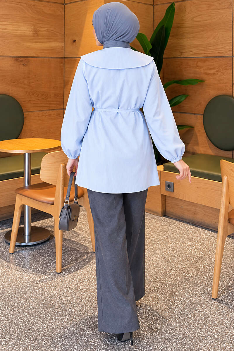 Pleated-Front Sailor-Collar Shirt - Blue