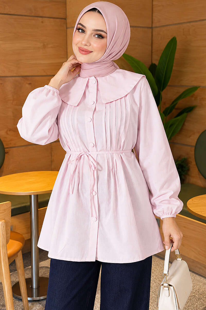 Pleated-Front Sailor-Collar Shirt - Pink