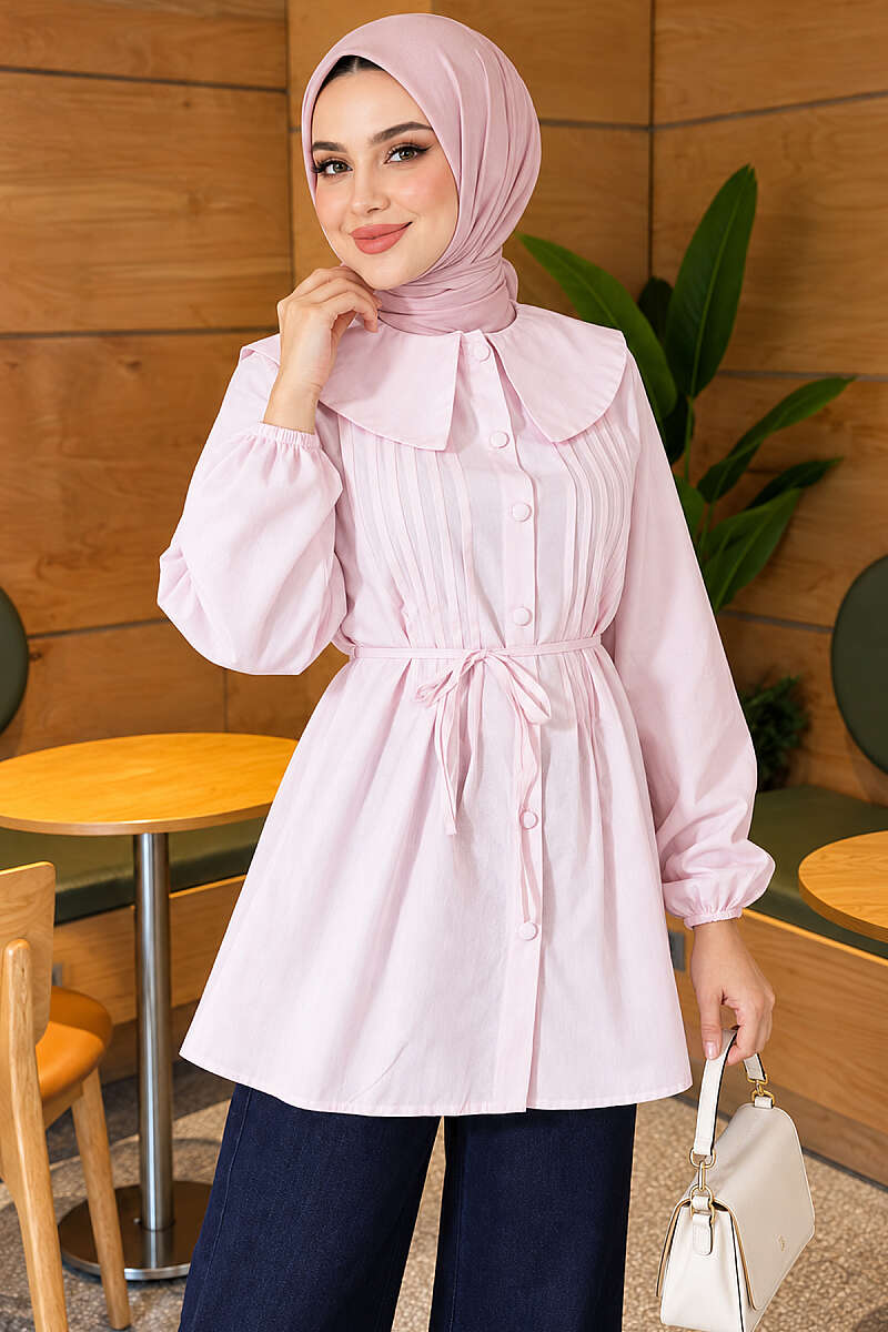Pleated-Front Sailor-Collar Shirt - Pink