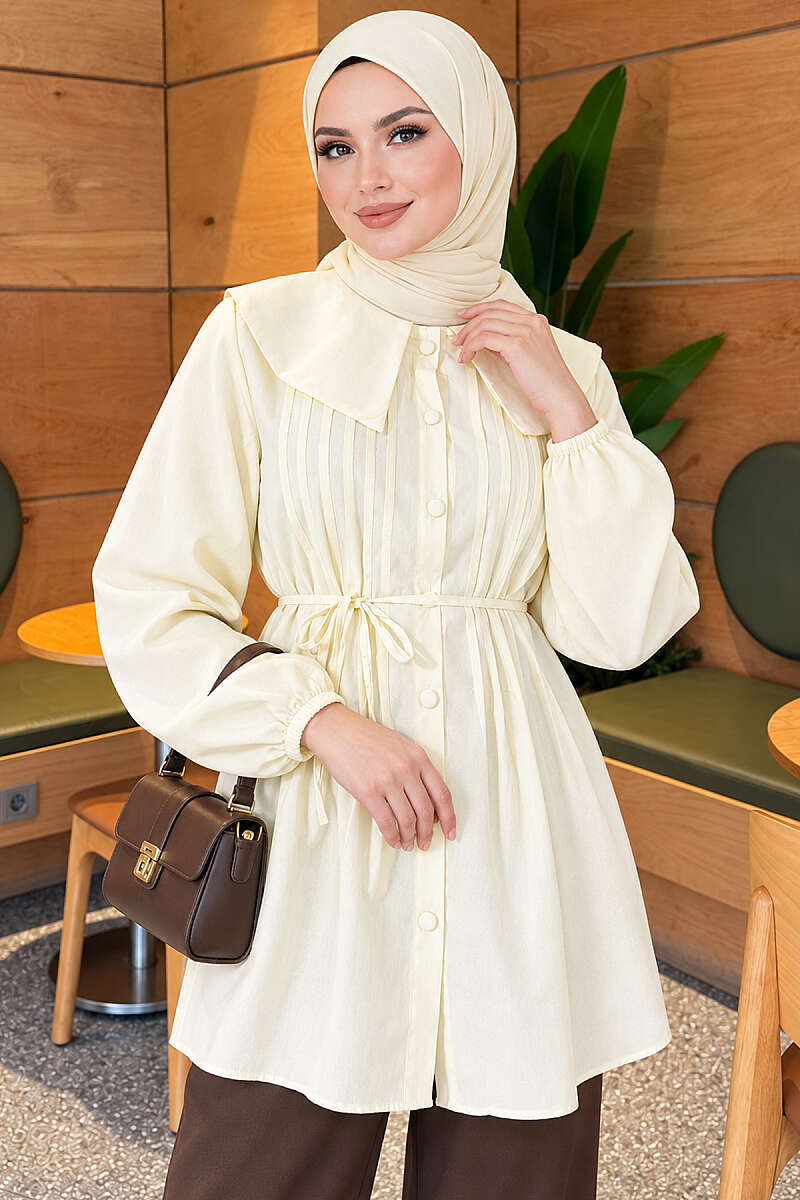Pleated-Front Sailor-Collar Shirt - Yellow