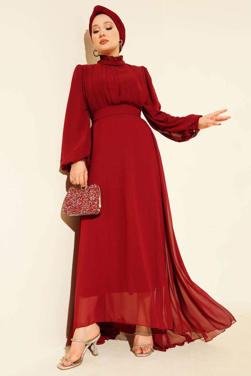 Belted Chiffon Evening Dress with Front Pleats - Burgundy