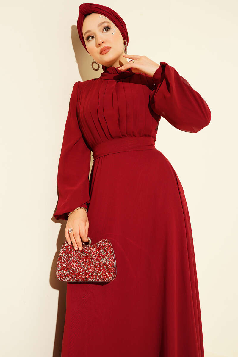 Belted Chiffon Evening Dress with Front Pleats - Burgundy