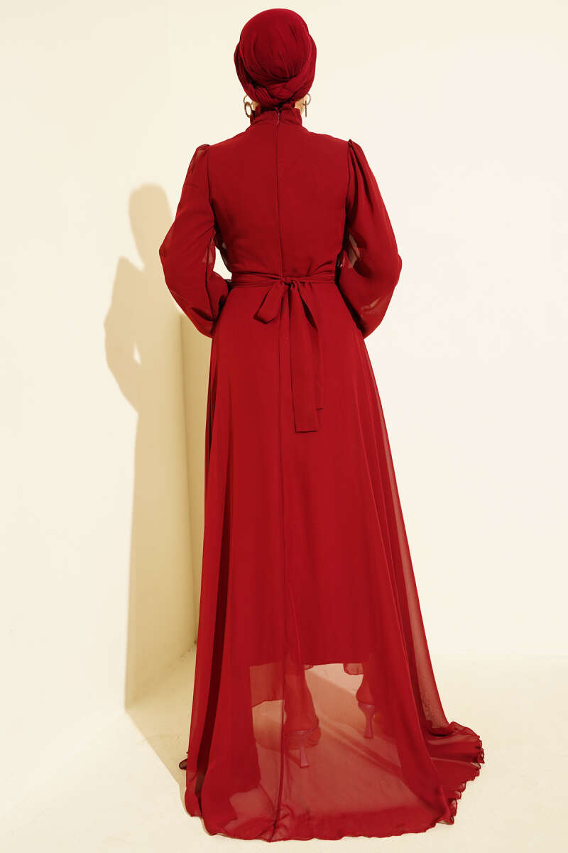 Belted Chiffon Evening Dress with Front Pleats - Burgundy