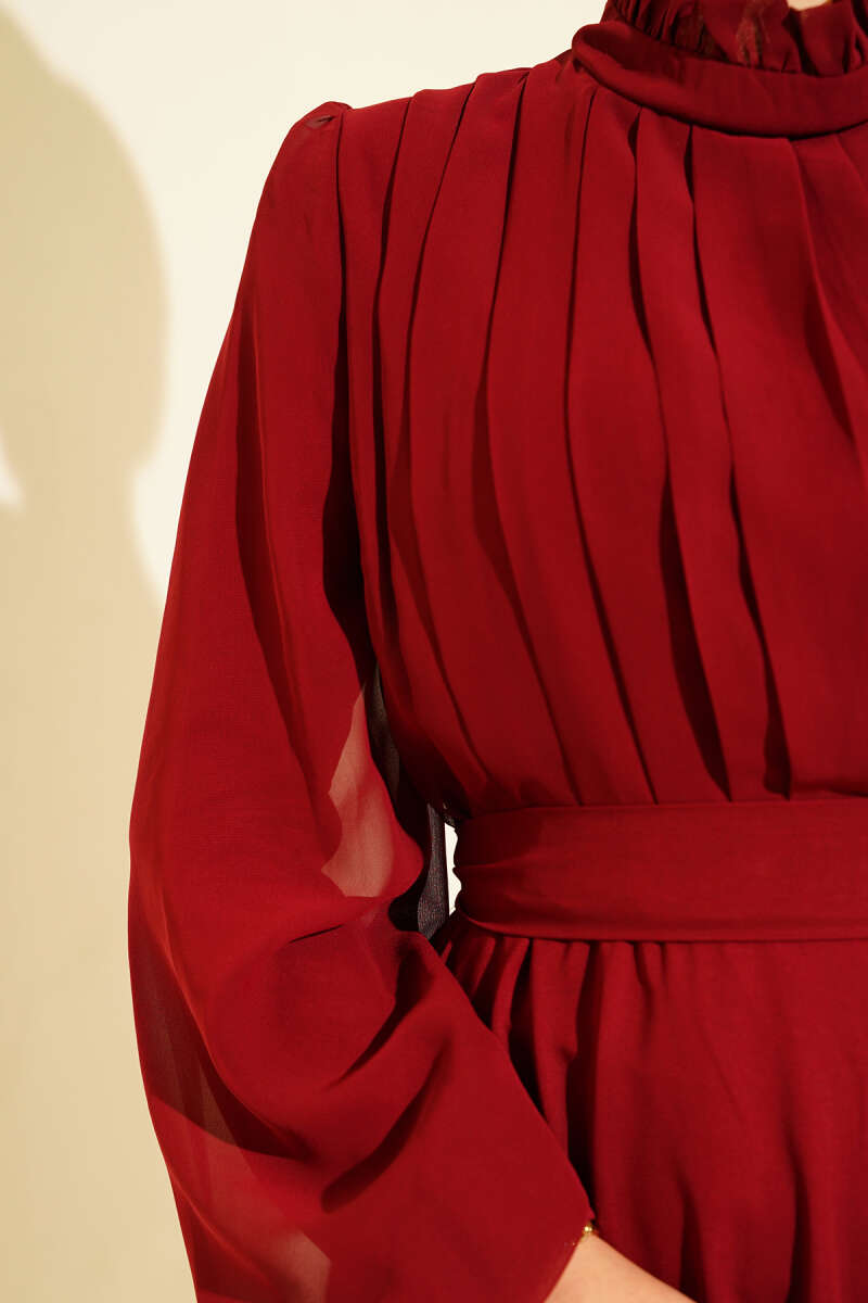 Belted Chiffon Evening Dress with Front Pleats - Burgundy