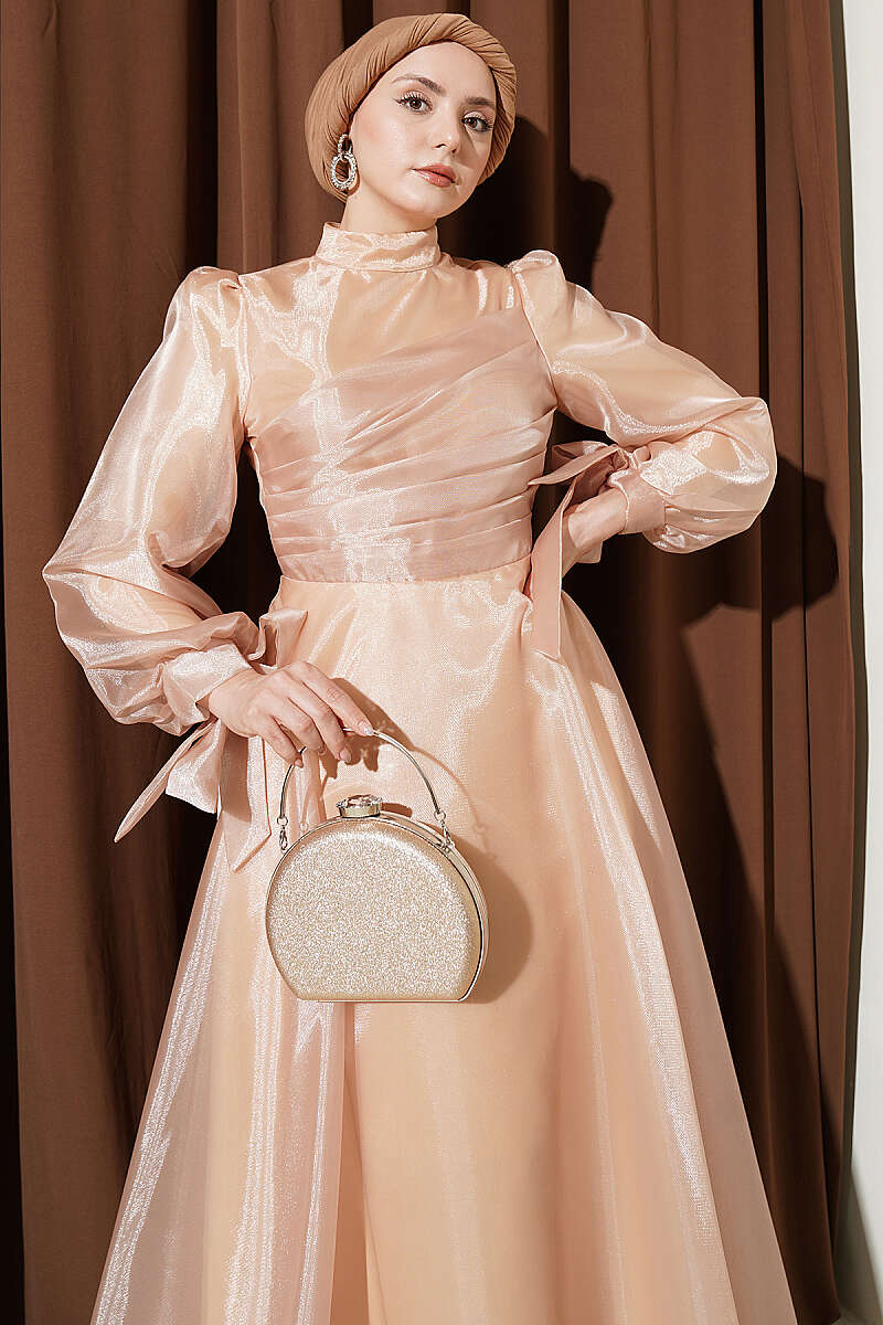 Tulle Evening Dress with Pleated Front - Beige