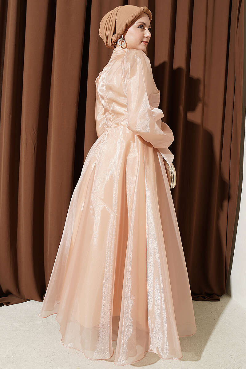 Tulle Evening Dress with Pleated Front - Beige